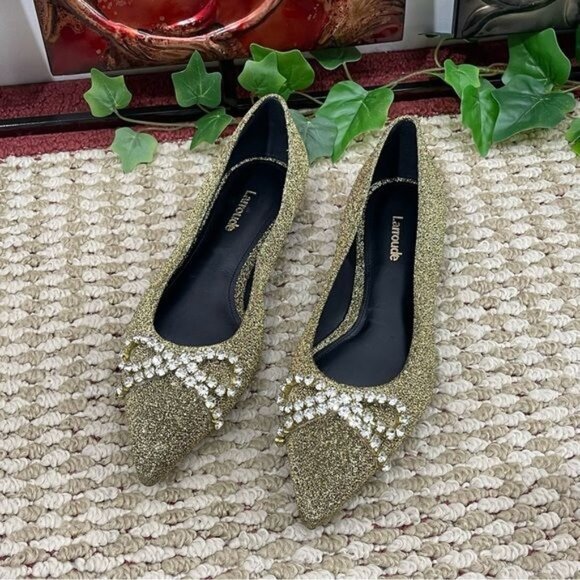 Larroude Lee Crystal-Embellished Lurex Pointed Flats in Gold Size 6 - Picture 6 of 14